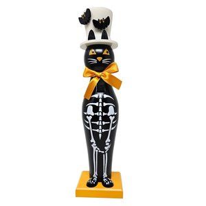 14" Black Cat Skeleton With Bats On Hat Nutcracker, Halloween Decor
